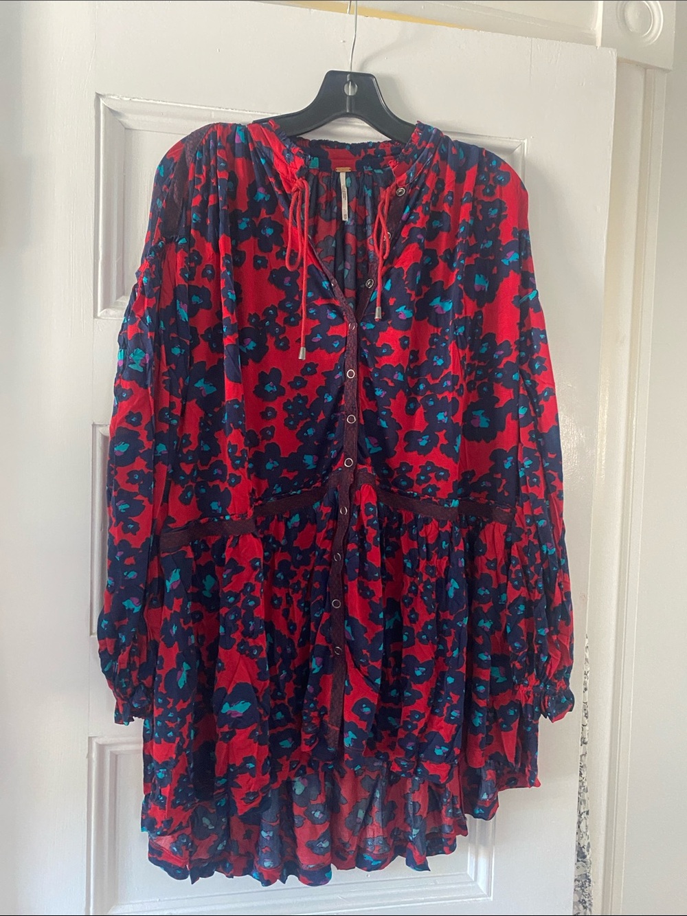 Free People Red Floral Button-Front Tunic Dress with Teal & Navy Accents - Picture 1 of 1
